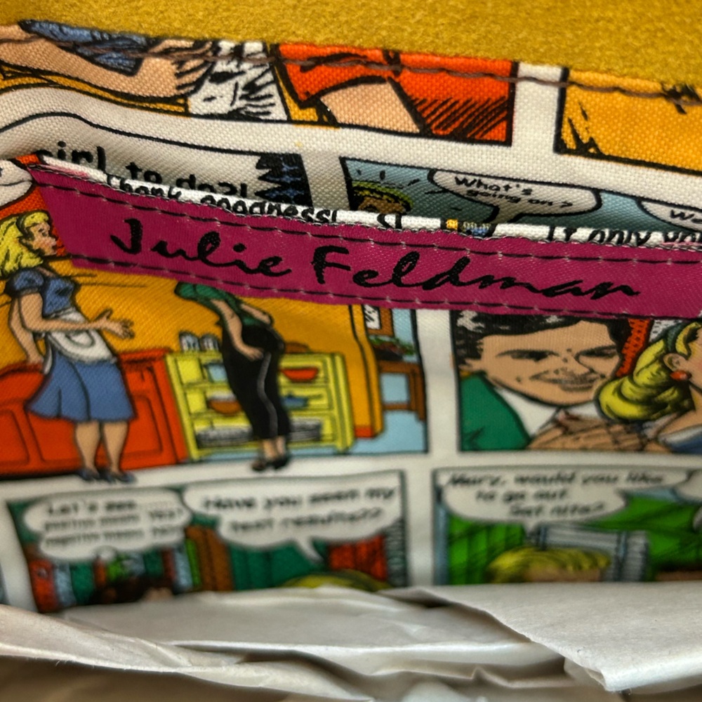 Julie Feldman Purse Elegant Yellow Leather Clutch Handbag Comic Strip Handmade - Picture 4 of 6